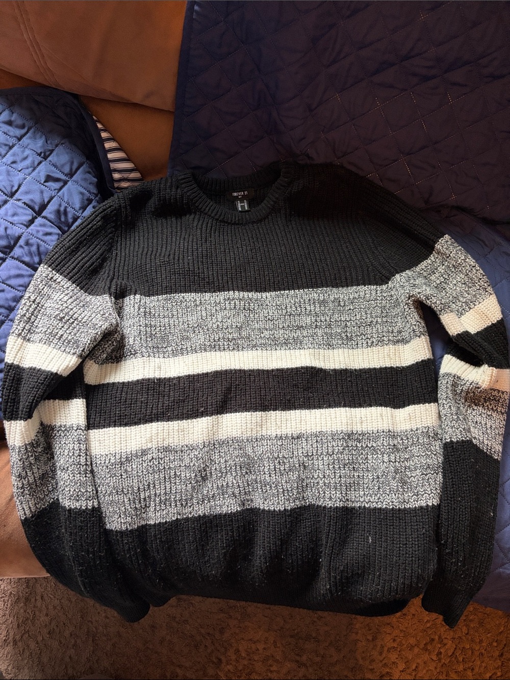 Forever 21 Black, Gray & Cream Striped Men’s Crewneck Sweater